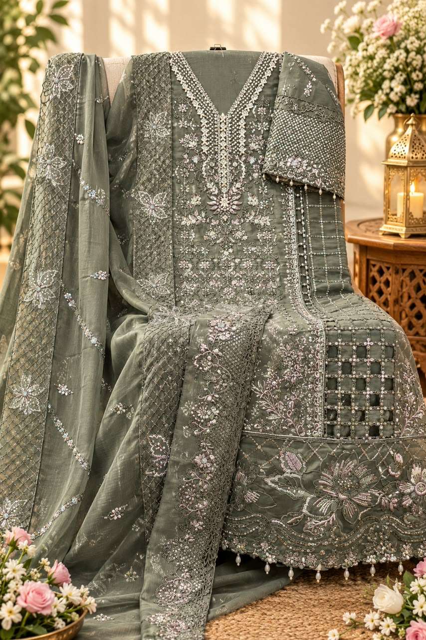 SHREE FABS 5643 COLOR CHIFFON EMBROIDERY KHATLI & CUT WORK SUIT WEDDING OUTFIT ONLINE